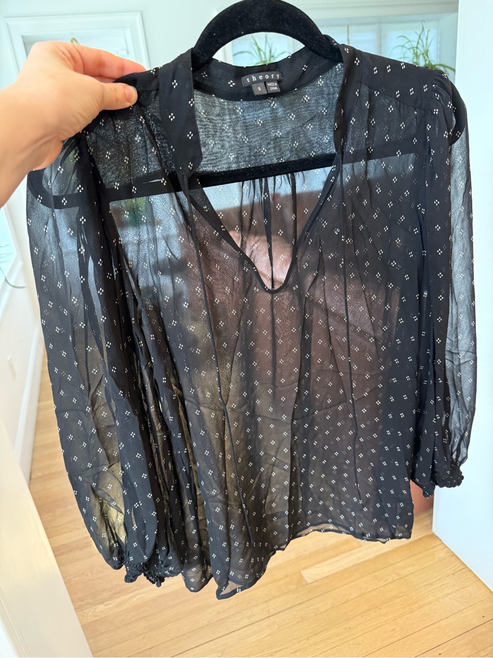 Theory Black Sheer Blouse Flowy Tie-Neck, 100% Silk, Long Sleeve, Size Small